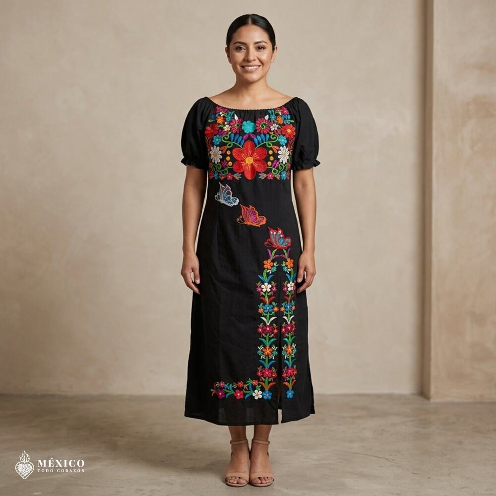 Mexican Embroidered Manta Maxi Dress – Handmade Cotton Floral Artisan Gown (M)